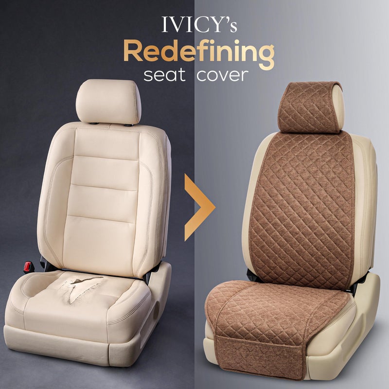 IVICY Linen Car Seat Cover for Cars - Non-Slip Soft & Breathable - Front Car Seat Protector Covers Universal Fits Most Automotive  Vans  SUVs  Trucks - 1 Unit - Brown - Image 3